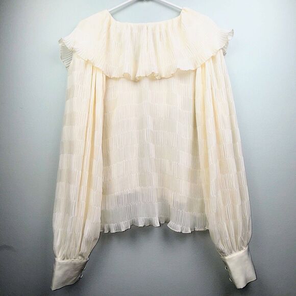 House of Harlow Revolve Piper Blouse Ivory Long Sleeve Sheer Ruffle Pleat Top L - Picture 7 of 13